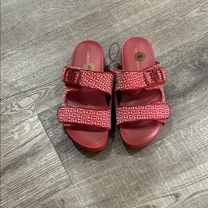Tommy Hilfiger Red Patterned Double-Strap Slide Sandals